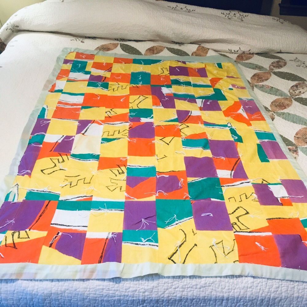 Vintage Hand Sewed Baby Patchwork Quilt 70s White tacked Yellow Orange 60x39